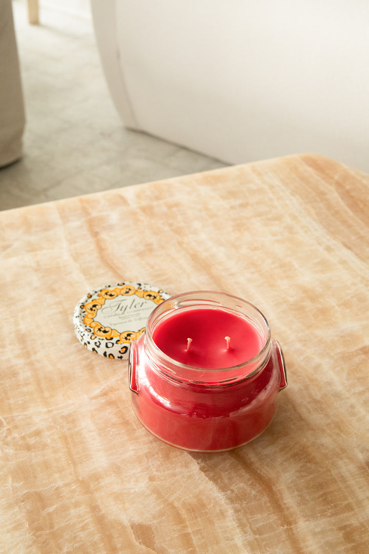 Product shot of Tyler Candle Company candle 22oz size in scent christmas tradition. 