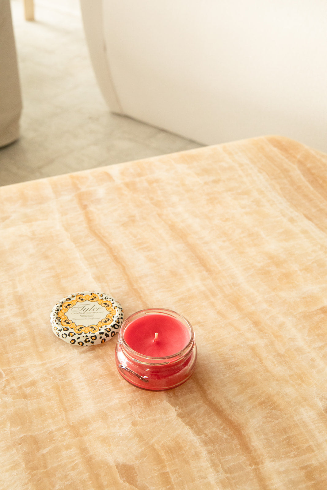 Product shot of Tyler Candle Company candle in 3.4oz size in scent christmas tradition. 