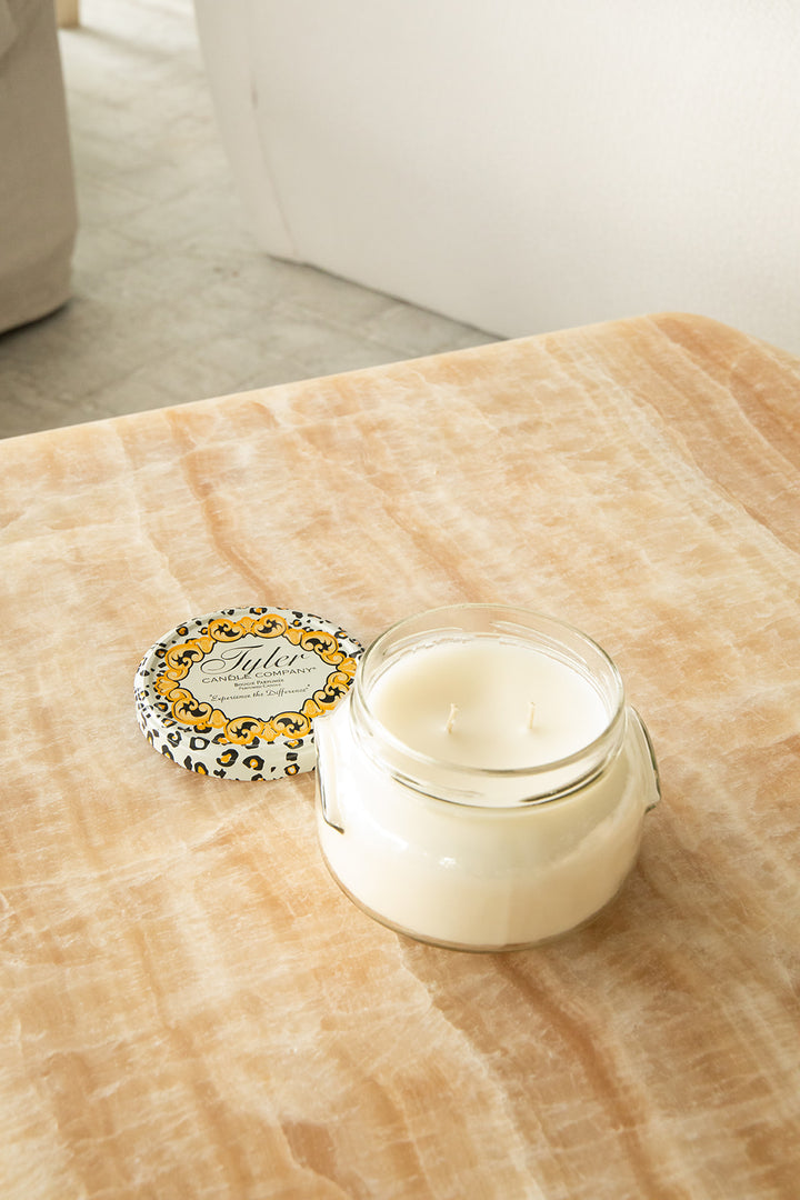 Product shot of Tyler Candle Company 22oz candle in scent glamfam.