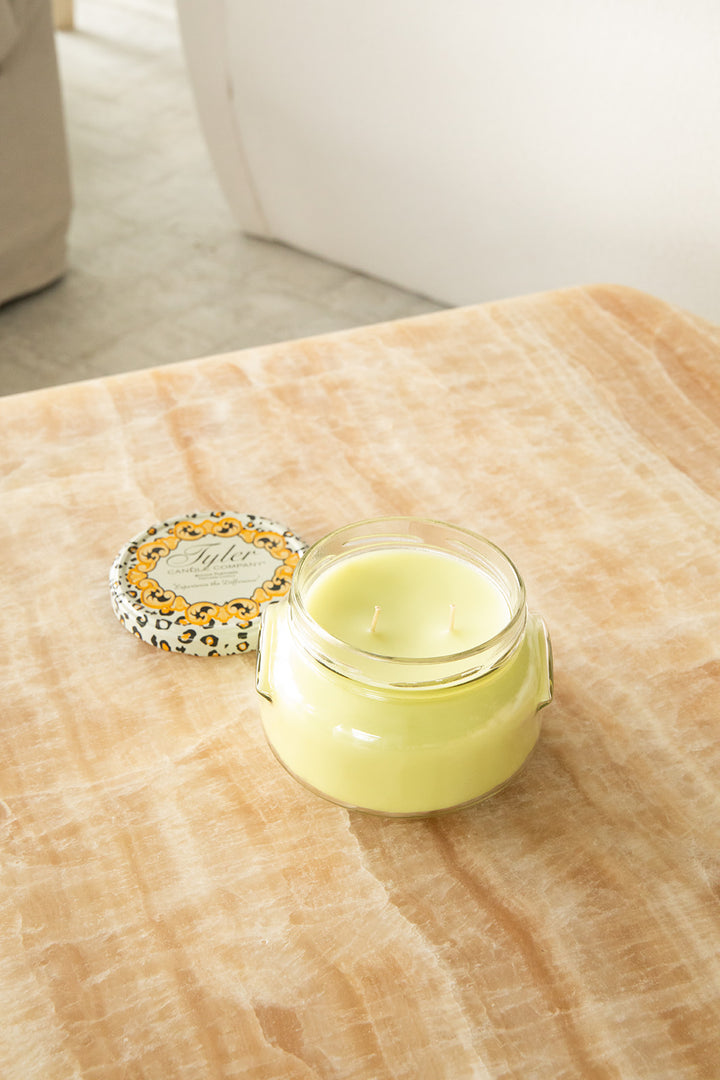 Product shot of Tyler Candle Company 22oz candle in scent limelight.