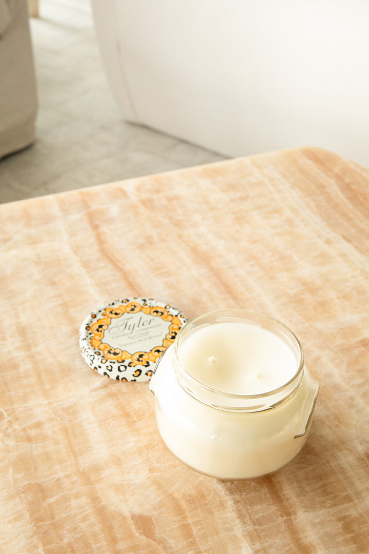 Product shot of Tyler Candle Company 22oz candle in scent wishlist.