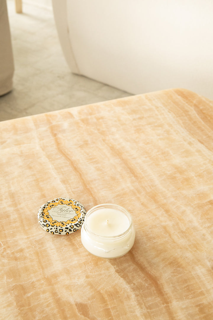 Product shot of Tyler Candle Company 3.4oz candle in scent wishlist.