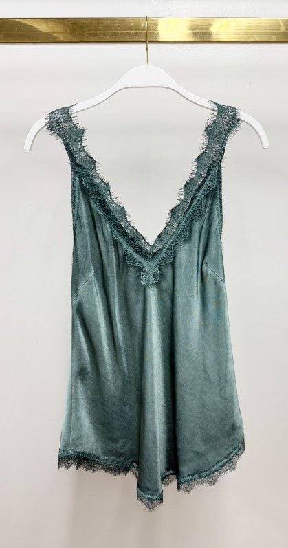 V Neck Lace Trim Tank - Hunter Green - Jaffi's