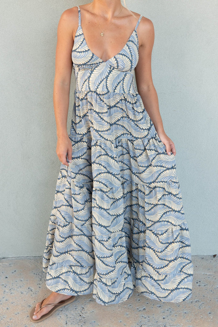 V Neck Maxi Dress - Foil Blue Feather - Jaffi's