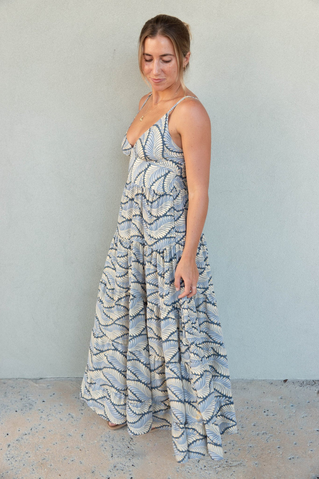 V Neck Maxi Dress - Foil Blue Feather - Jaffi's