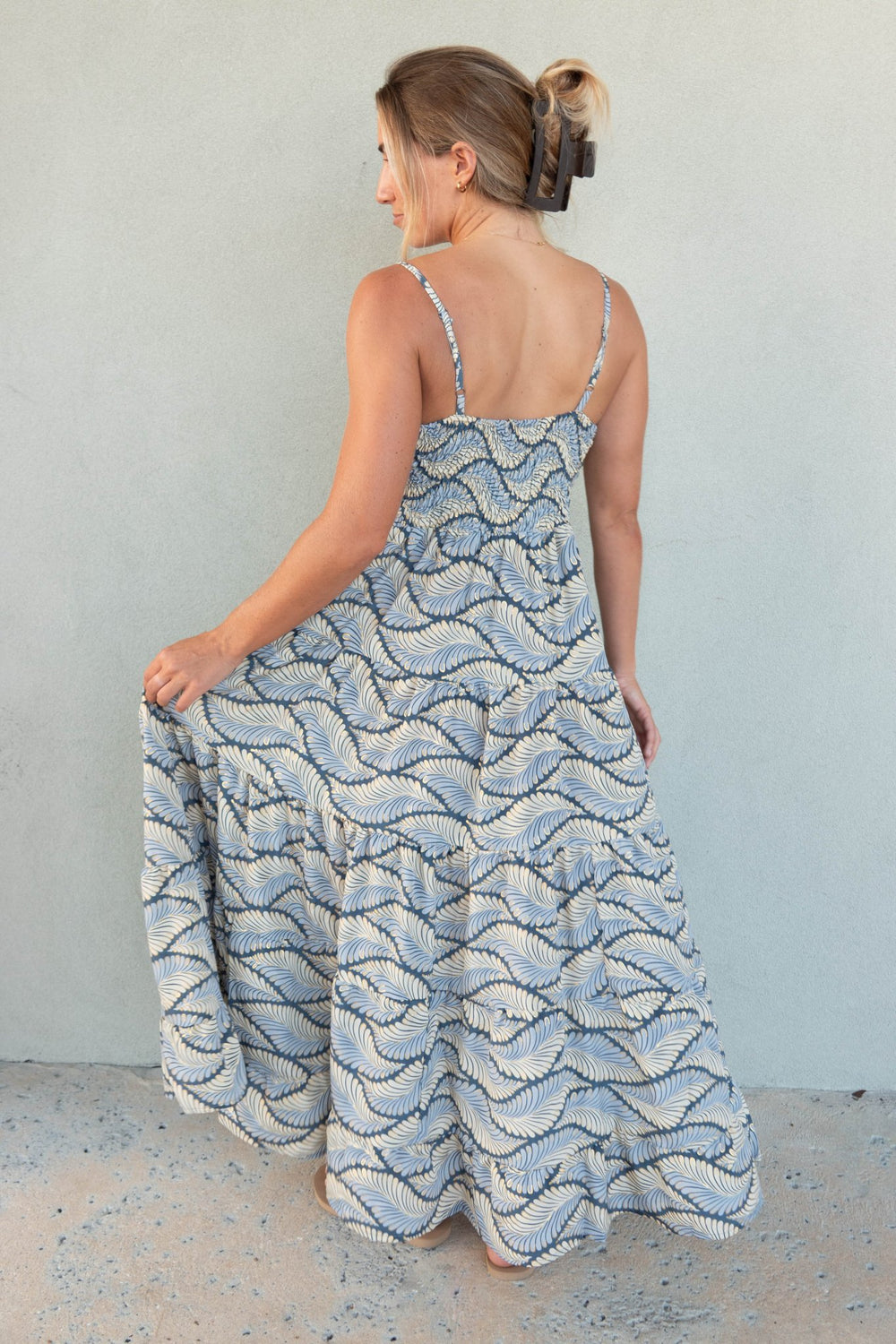 V Neck Maxi Dress - Foil Blue Feather - Jaffi's