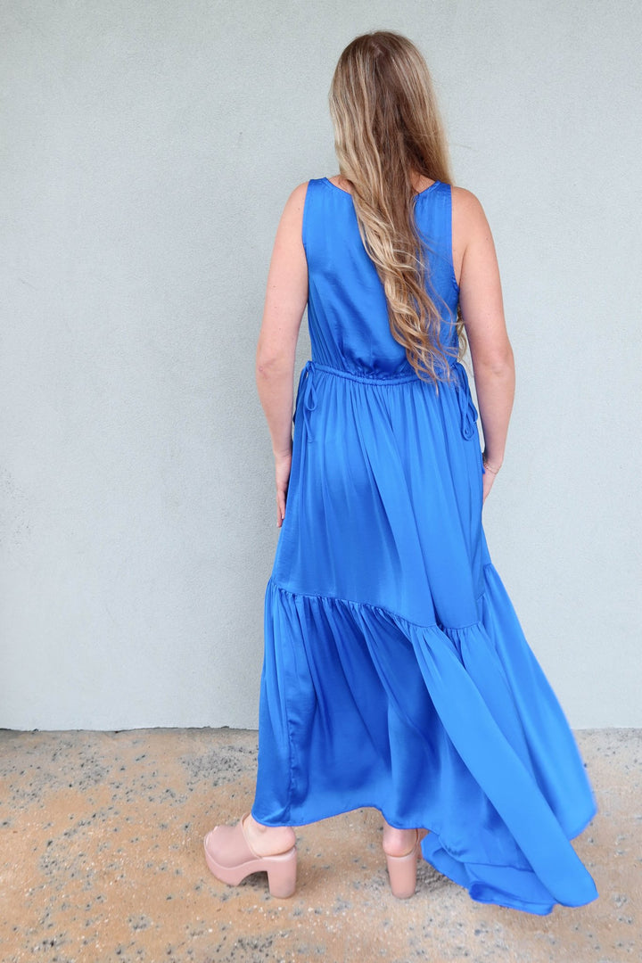 V Neck Tier Maxi Dress - Blue - Jaffi's