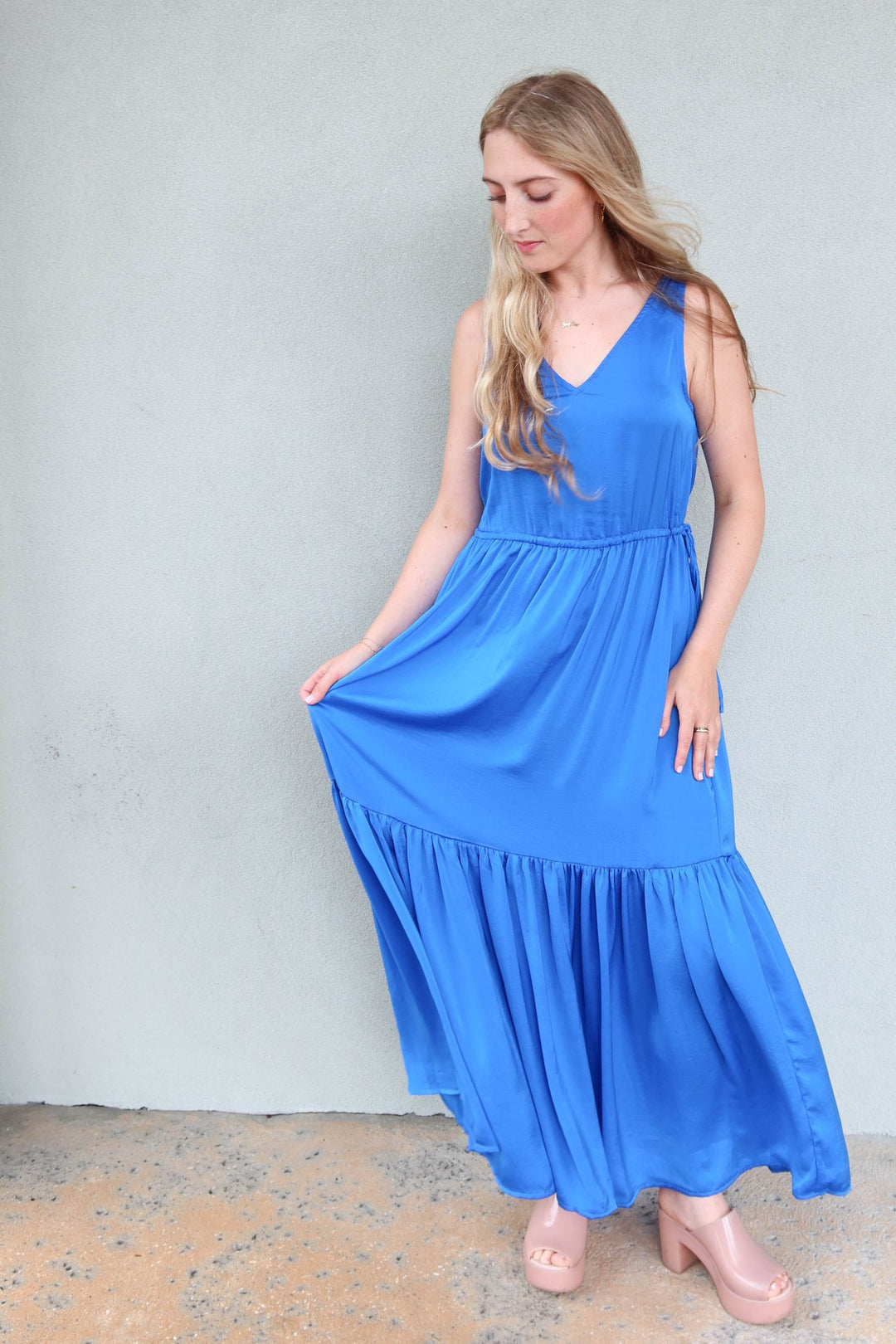 V Neck Tier Maxi Dress - Blue - Jaffi's