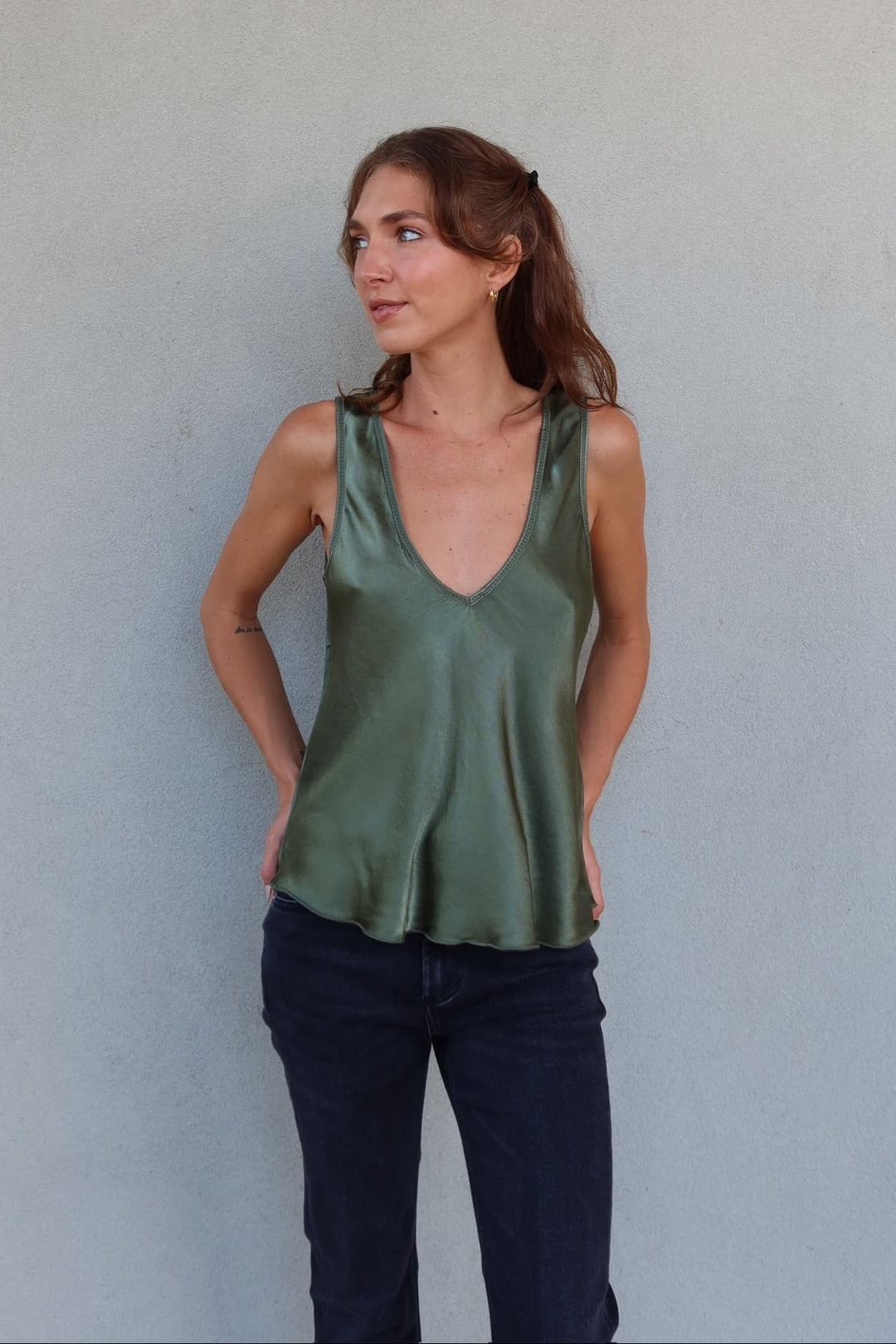 V Neck Wide Strap Tank - Army Green - Jaffi's