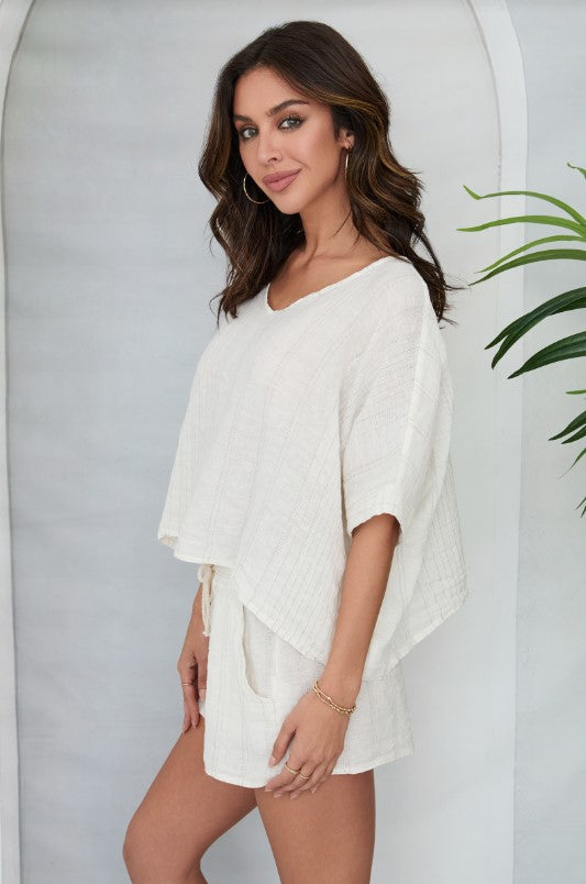 Texture Stripe V Neck Top - Butter