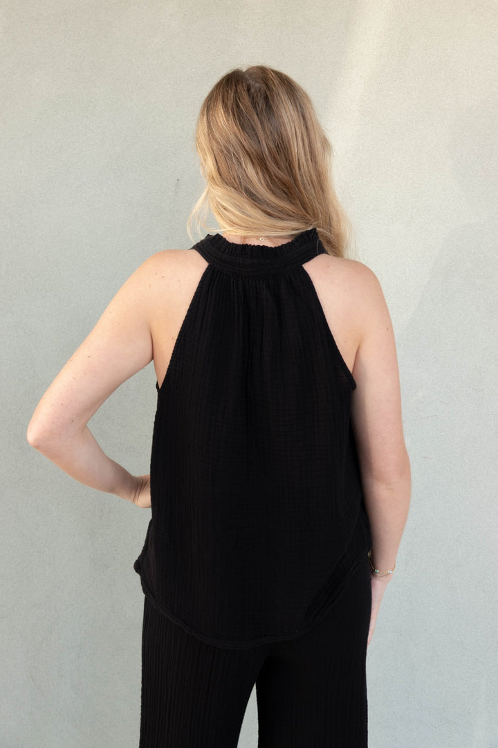 Viola Gauze Split Neck Tank - Black - Jaffi's