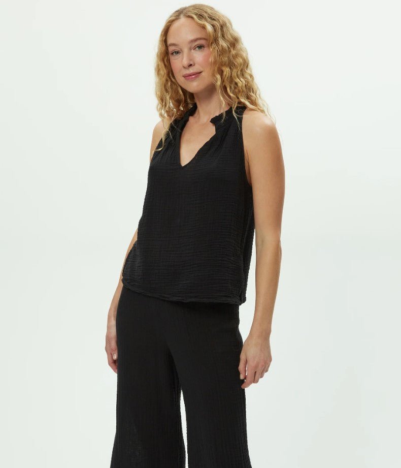 Viola Gauze Split Neck Tank - Black - Jaffi's