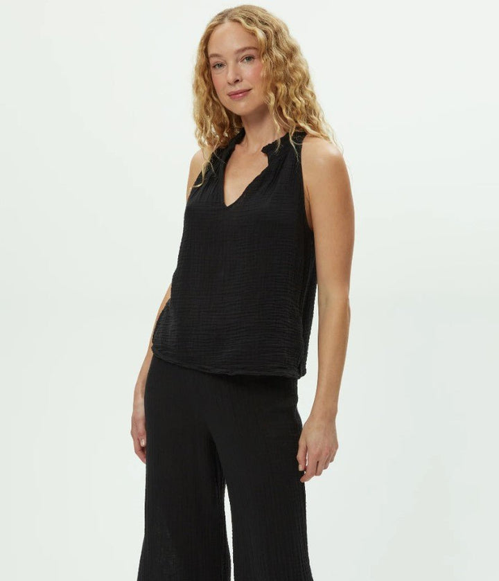 Viola Gauze Split Neck Tank - Black - Jaffi's