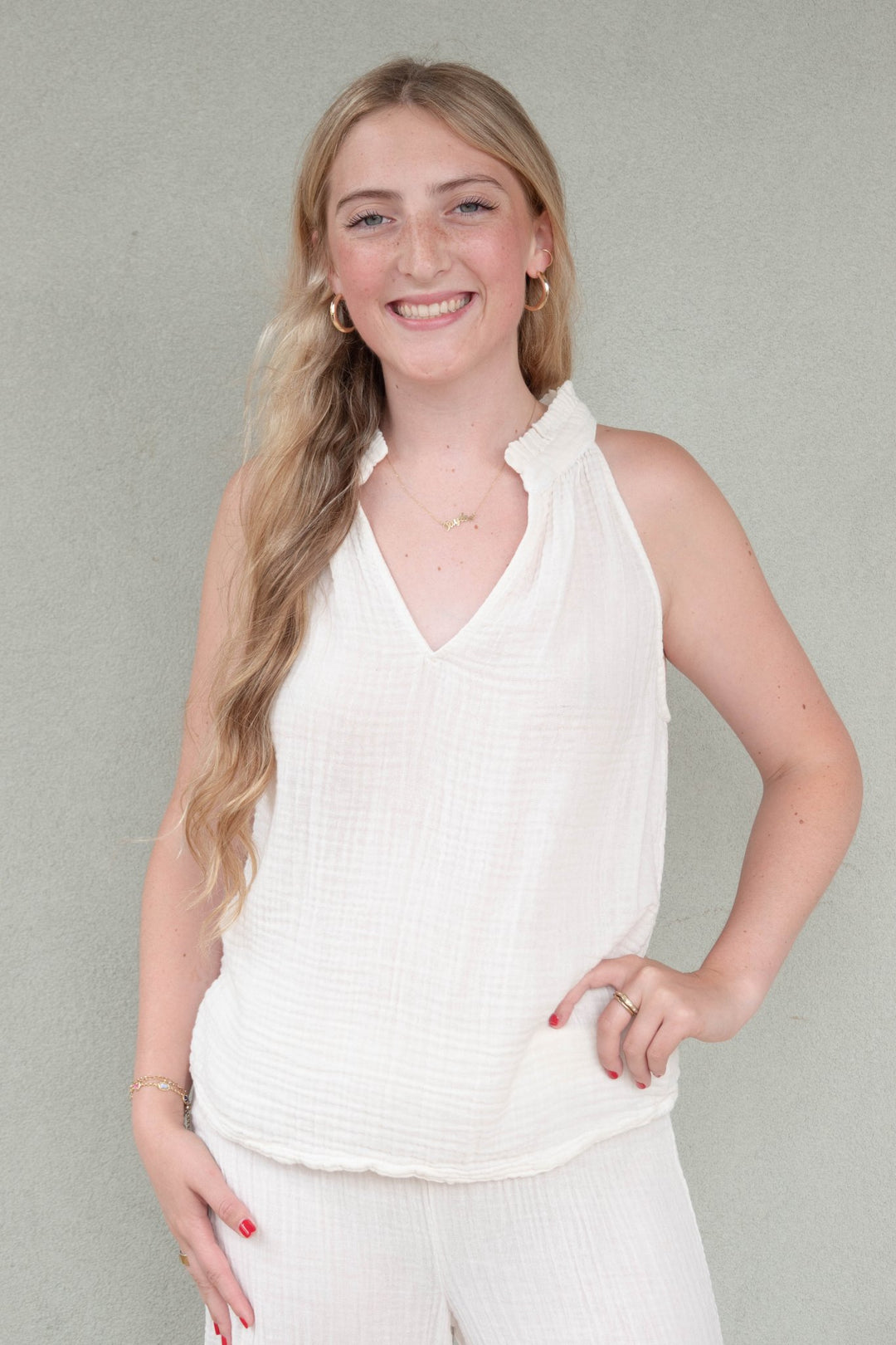 Viola Gauze Split Neck Tank - Chalk - Jaffi's