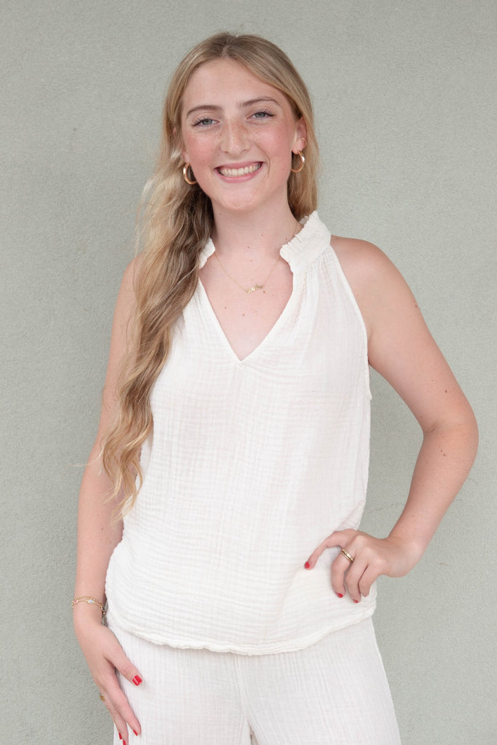 Viola Gauze Split Neck Tank - Chalk - Jaffi's