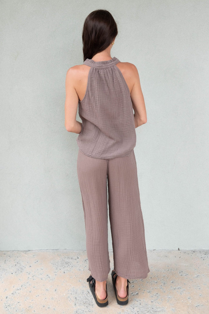 Viola Gauze Split Neck Tank - Quicksand - Jaffi's