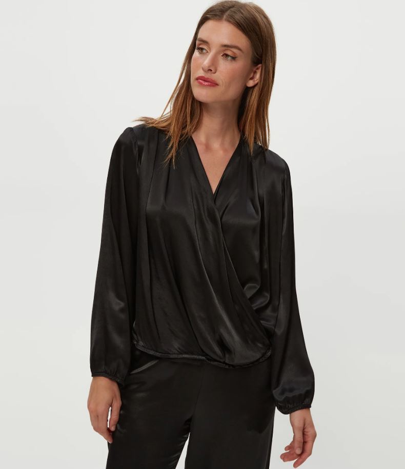 Vita Satin Surplice Top - Black