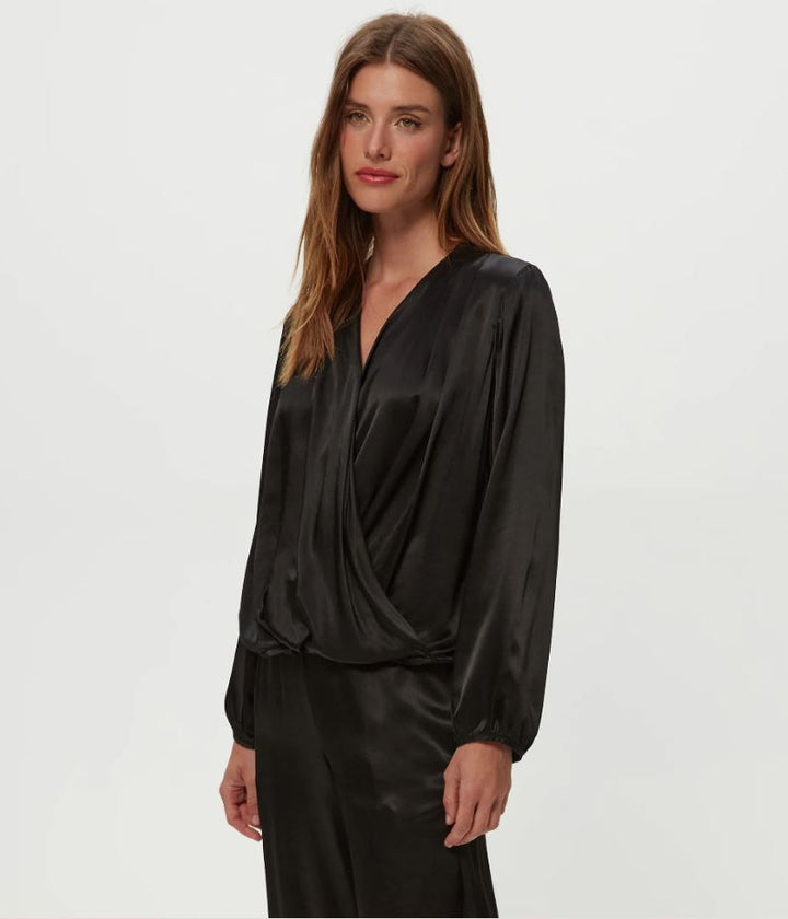 Vita Satin Surplice Top - Black