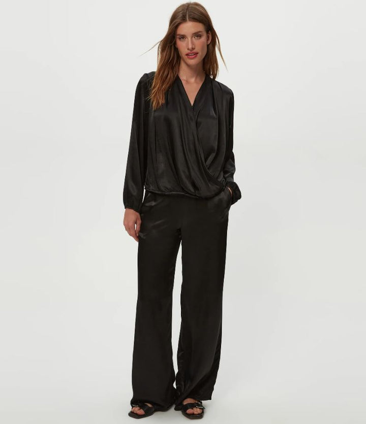 Vita Satin Surplice Top - Black