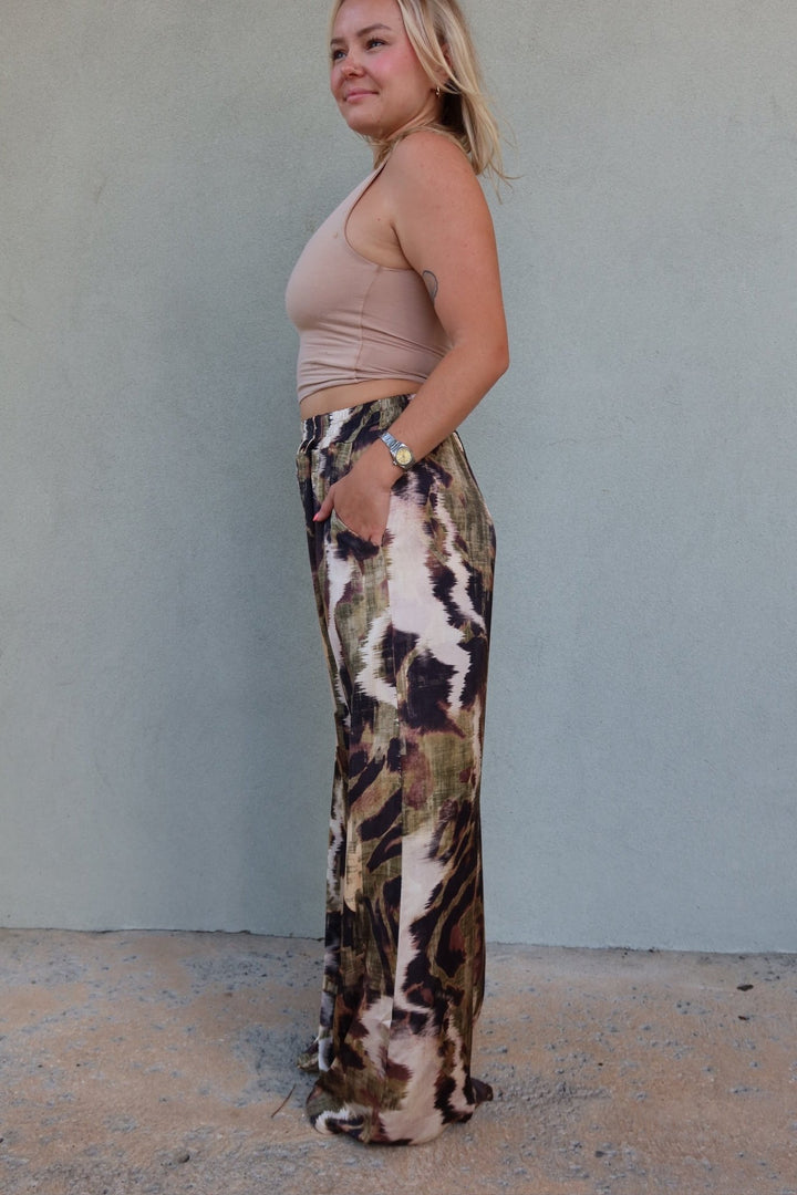 Wide Leg Pocket Pant - Watercolor Green/Brown - Jaffi&