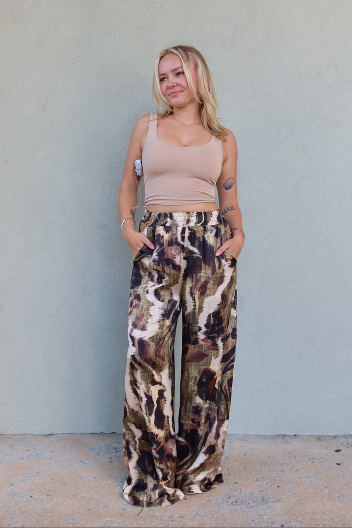 Wide Leg Pocket Pant - Watercolor Green/Brown - Jaffi&