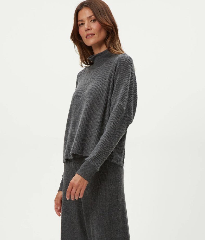 Wynn Brushed Waffle Mock Neck - Charcoal - Jaffi's