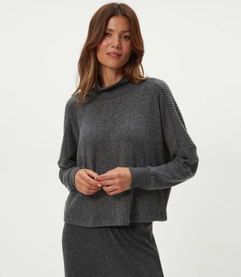 Wynn Brushed Waffle Mock Neck - Charcoal - Jaffi's