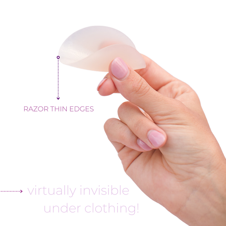 Product shot of Boob-eez 8cm light tint nipple covers displaying razor thin edges.