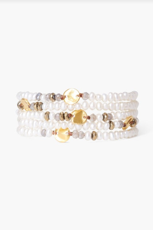 White Pearl Gold Coin Wrap Bracelet