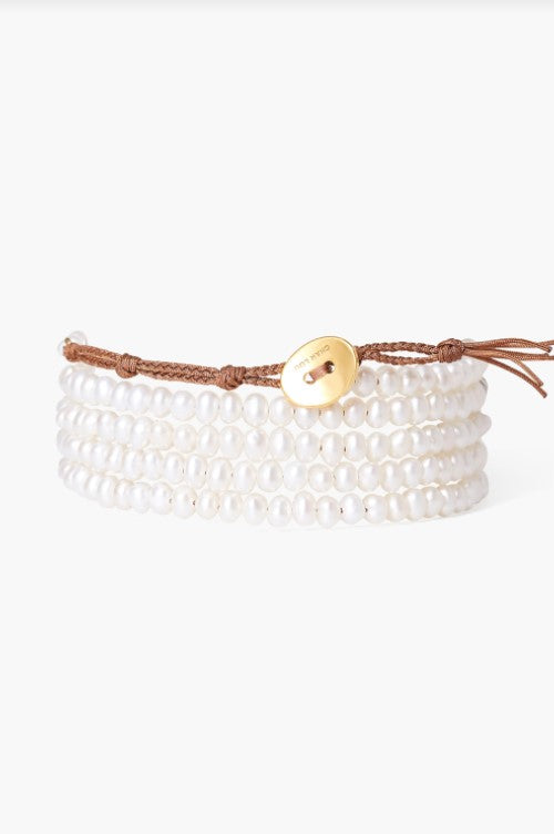 White Pearl Gold Coin Wrap Bracelet