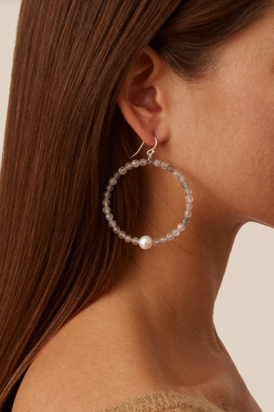 Grey Cloudy Quartz & Freshwater Pearl Hoop Earrings Chan Luu